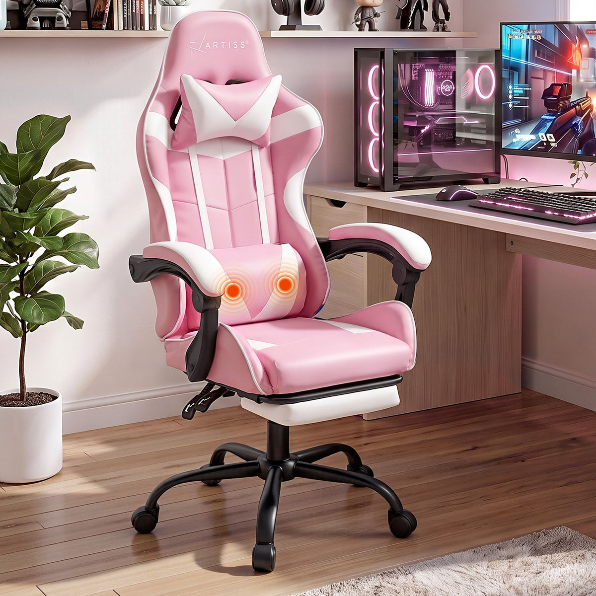 Artiss 2-Point Massage Gaming Chair | Pink & White | Recline