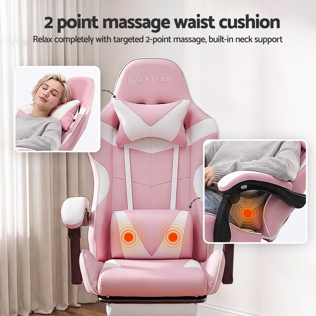 Artiss 2-Point Massage Gaming Chair | Pink & White | Recline