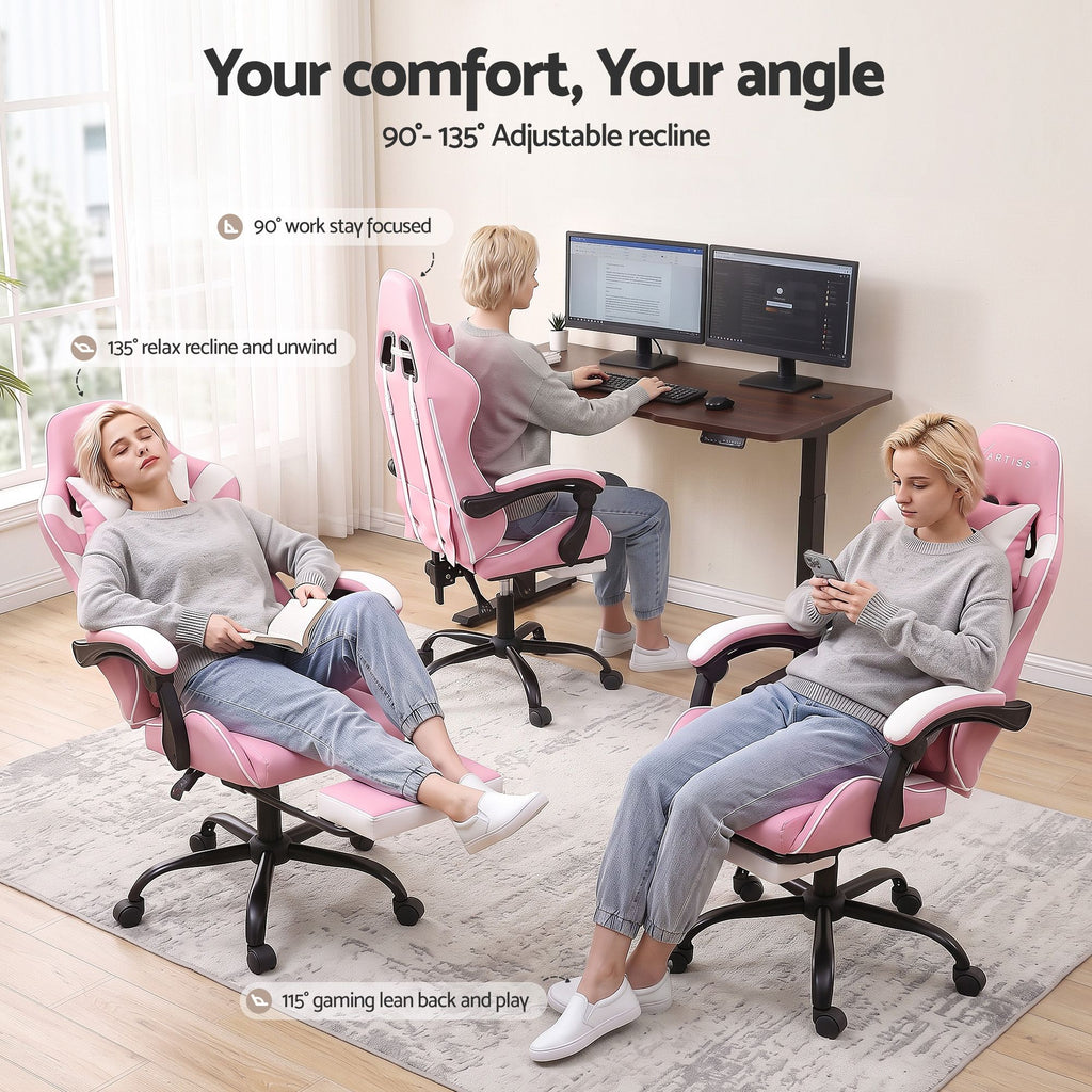 Artiss 2-Point Massage Gaming Chair | Pink & White | Recline