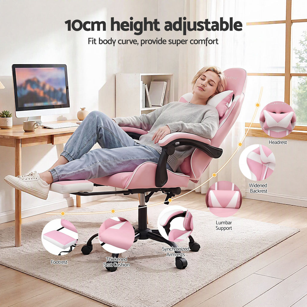 Artiss 2-Point Massage Gaming Chair | Pink & White | Recline