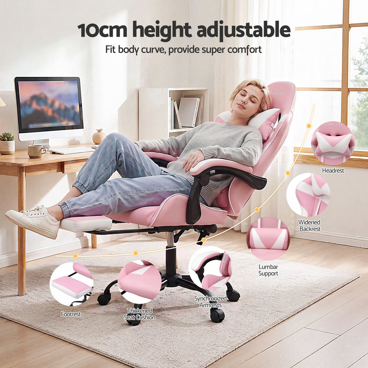 Artiss 2-Point Massage Gaming Chair | Pink & White | Recline