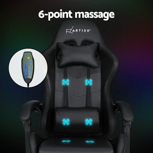 Artiss 6-Point Massage Gaming Chair | 7 LED Colours | Black