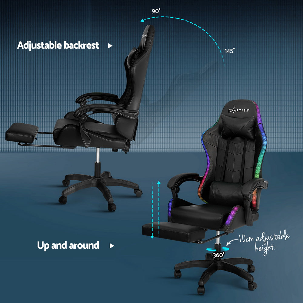Artiss 6-Point Massage Gaming Chair | 7 LED Colours | Black
