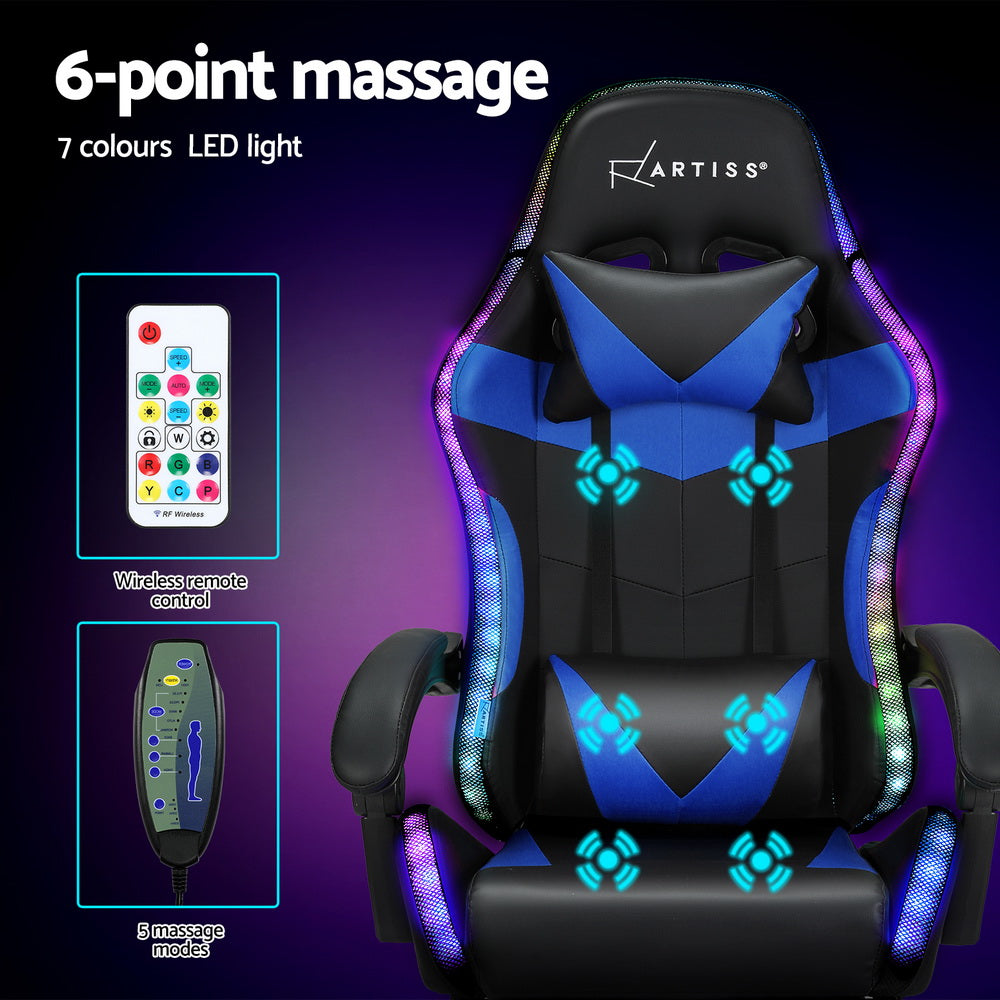Artiss 6-Point Massage Gaming Chair | 7 LED Colours | Blue