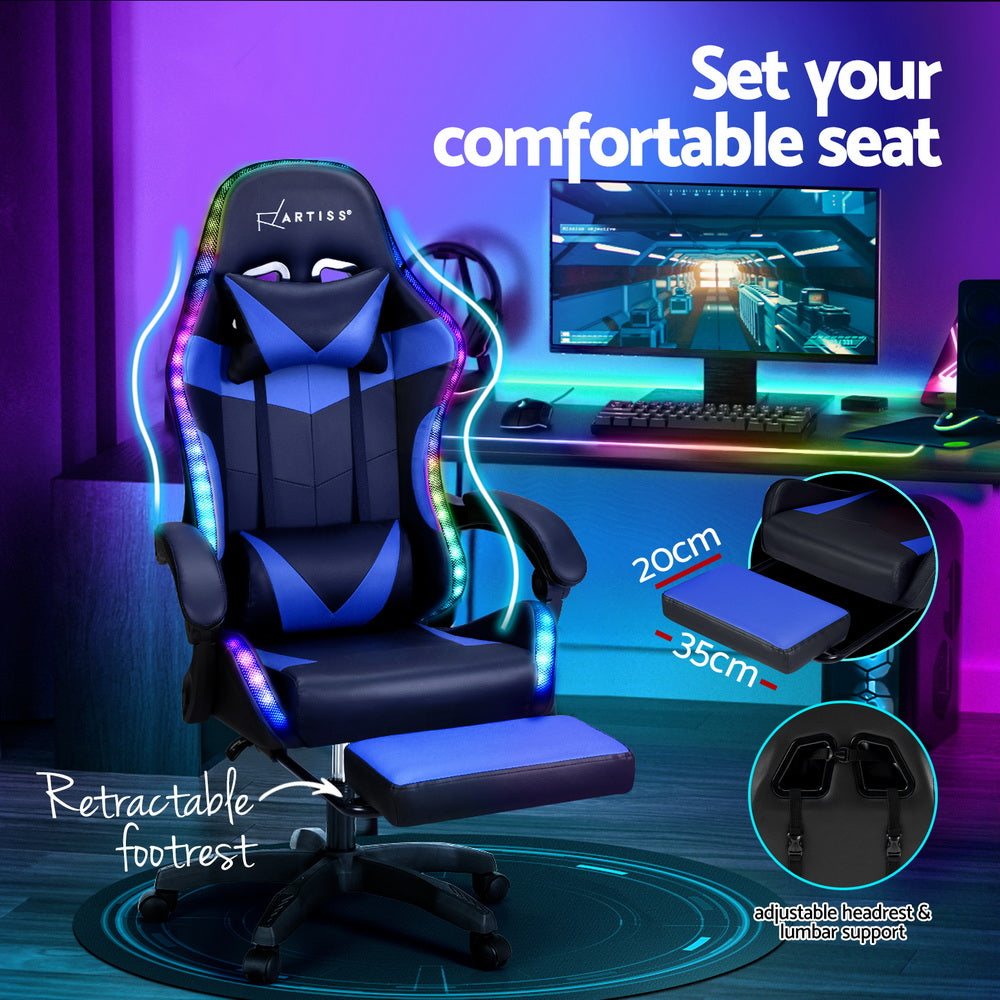 Artiss 6-Point Massage Gaming Chair | 7 LED Colours | Blue