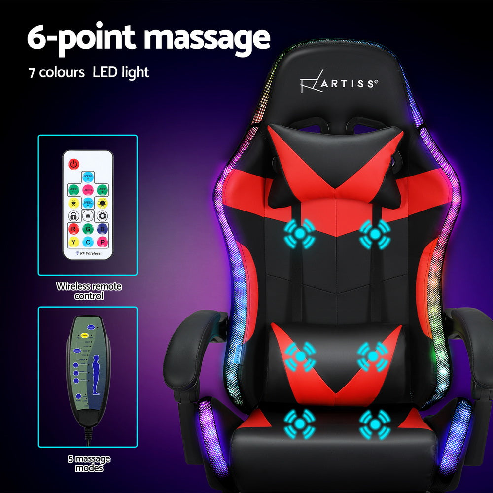Artiss 6-Point Massage Gaming Chair | 7 LED Colours | Red