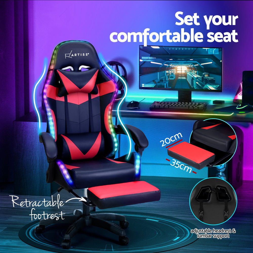 Artiss 6-Point Massage Gaming Chair | 7 LED Colours | Red