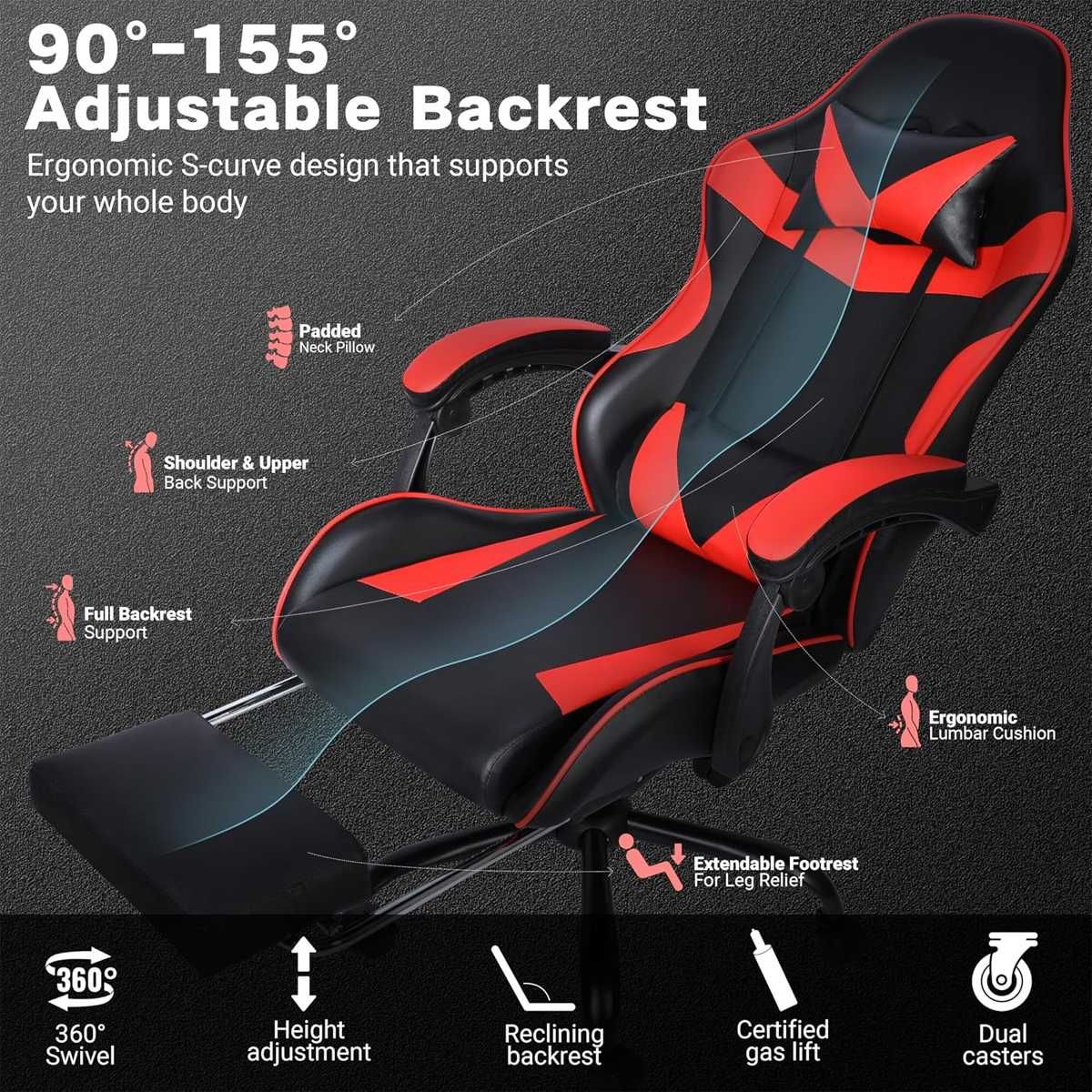 Gaming Chair with Footrest & Lumbar Support | Black & Red