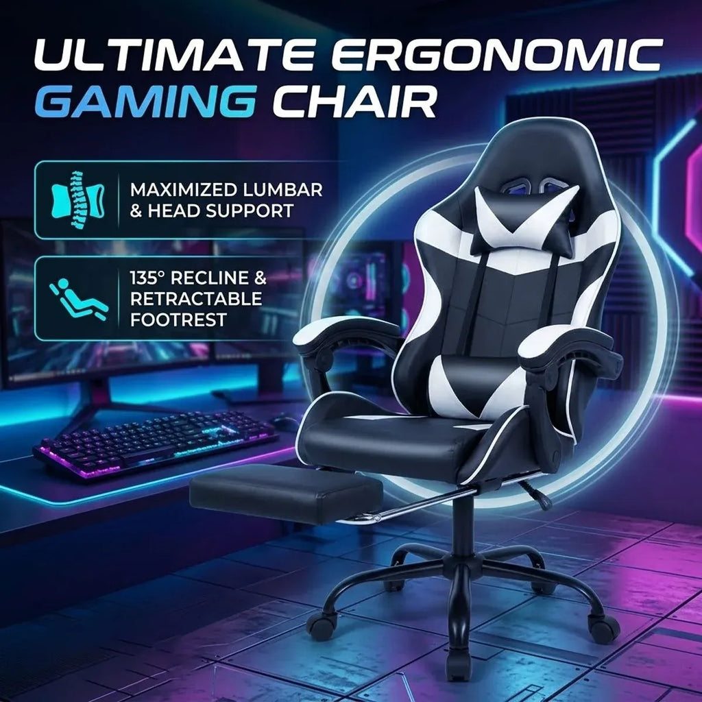 Gaming Chair with Footrest & Lumbar Support | Black & White