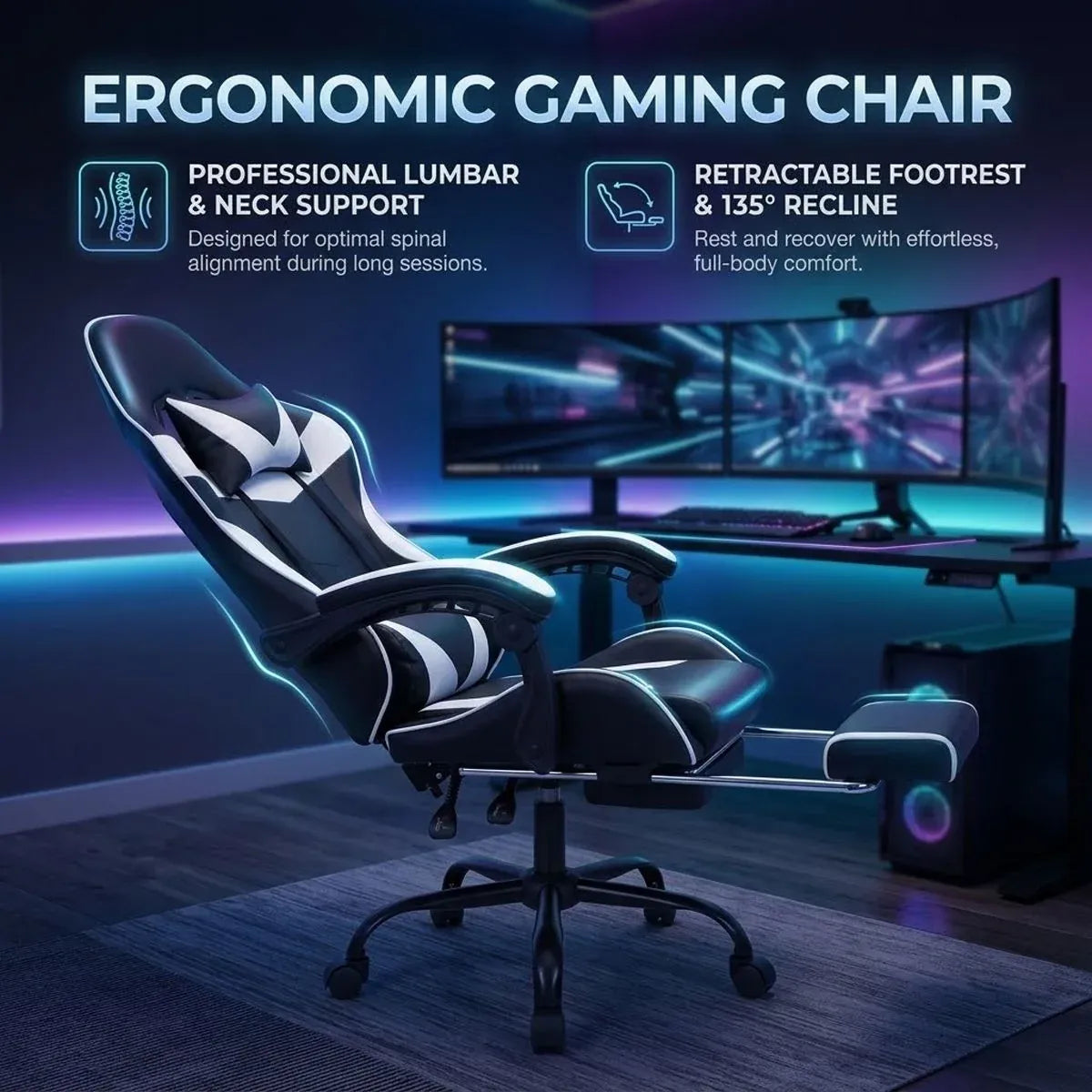 Gaming Chair with Footrest & Lumbar Support | Black & White