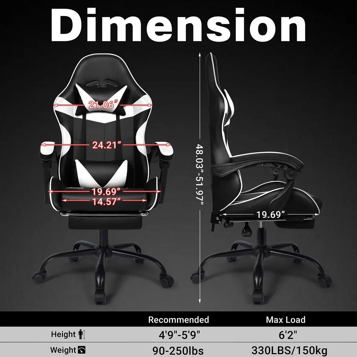 Gaming Chair with Footrest & Lumbar Support | Black & White