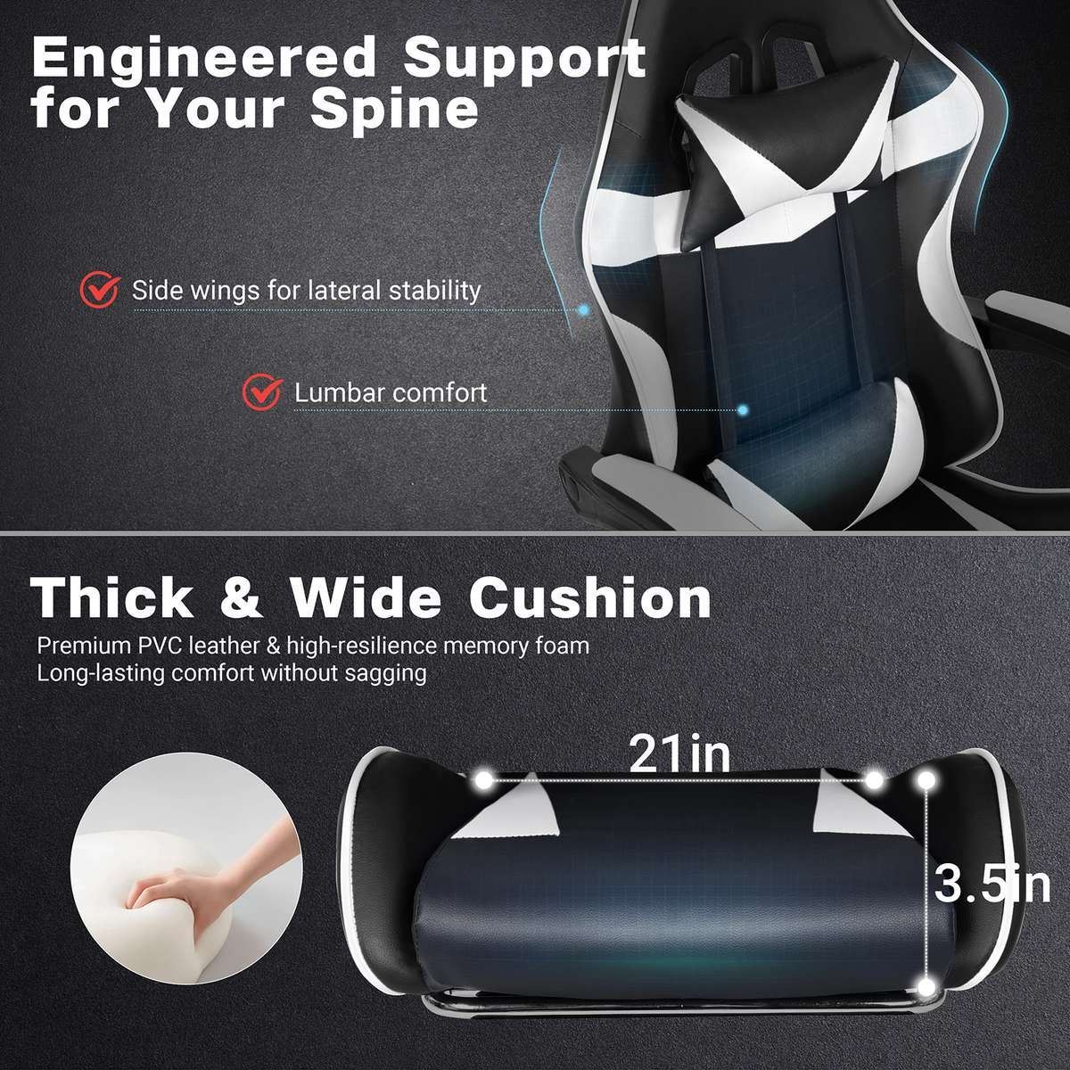 Gaming Chair with Footrest & Lumbar Support | Black & White