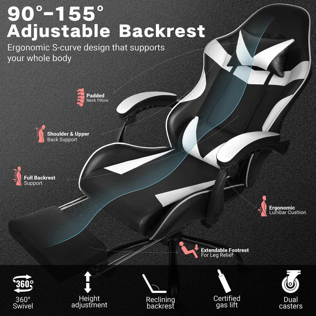 Gaming Chair with Footrest & Lumbar Support | Black & White