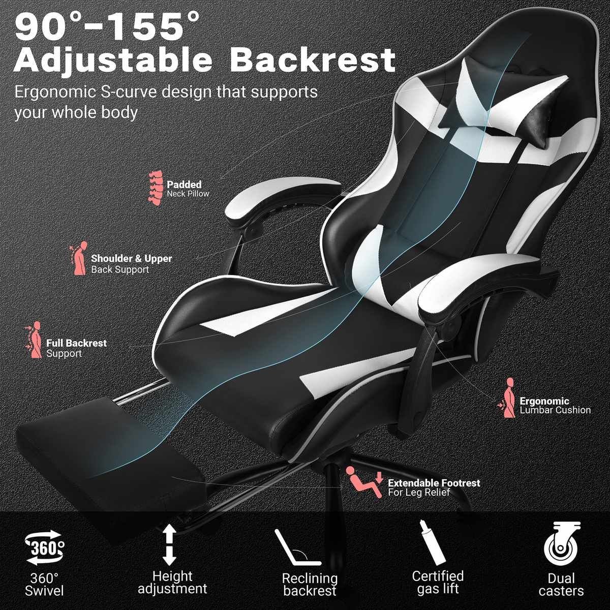 Gaming Chair with Footrest & Lumbar Support | Black & White
