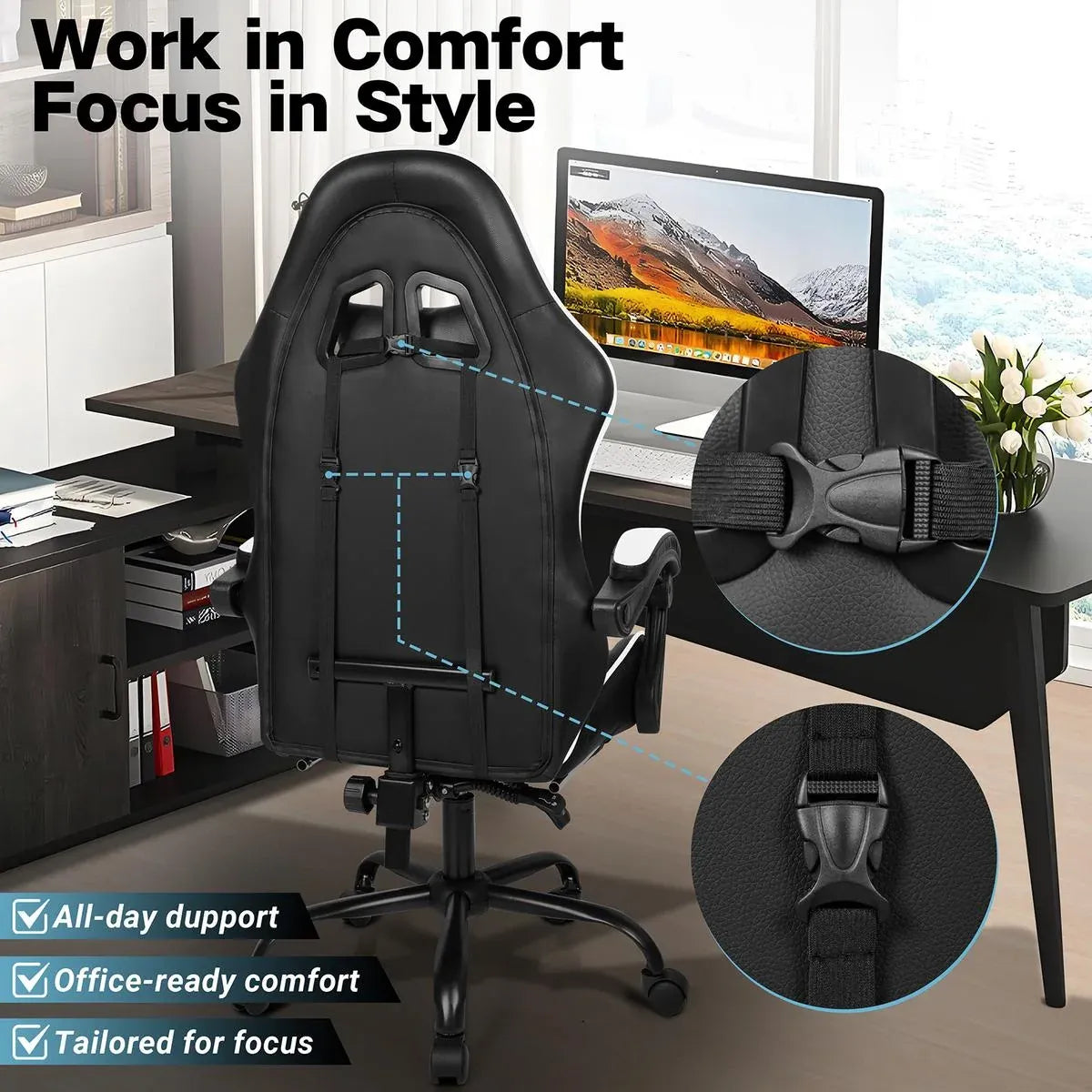 Gaming Chair with Footrest & Lumbar Support | Black & White