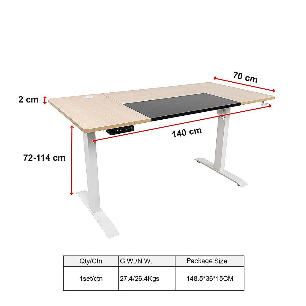 Electric Standing Desk 140cm | Motorised Height Adjustable | 4 Memory Settings | Light Birchwood