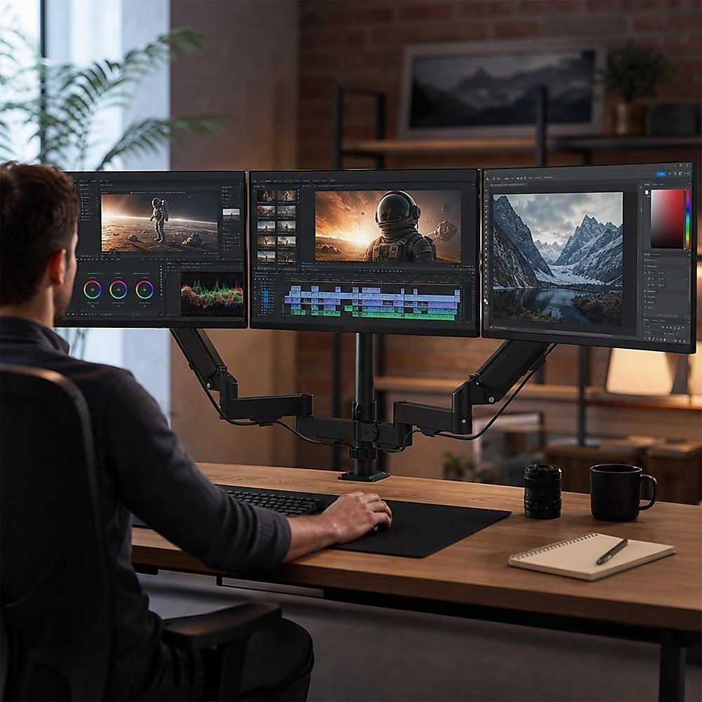 Triple Monitor Arm | 3-Screen Desk Mount | Full Motion | Fits 13–32" | Landscape & Portrait
