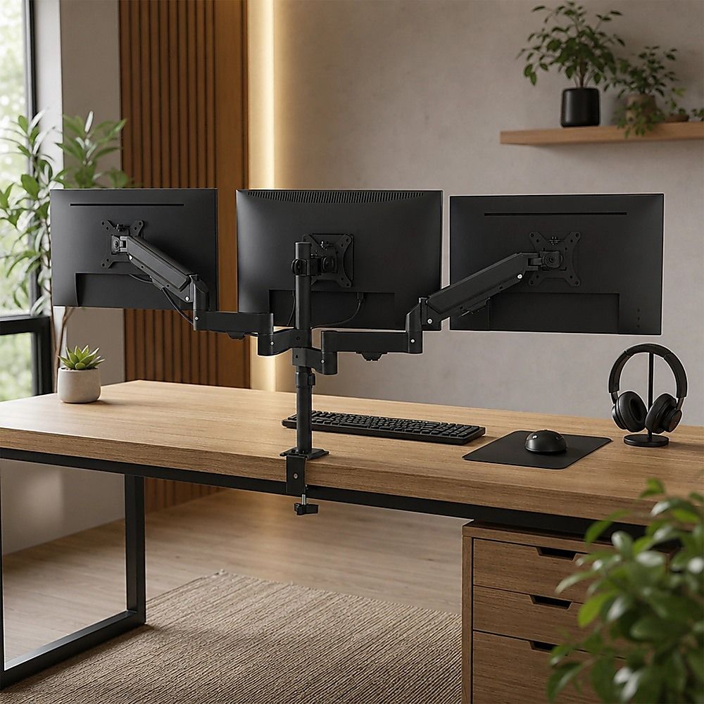 Triple Monitor Arm | 3-Screen Desk Mount | Full Motion | Fits 13–32" | Landscape & Portrait