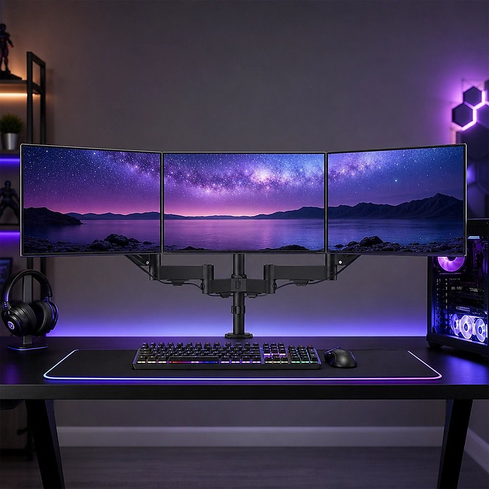 Triple Monitor Arm | 3-Screen Desk Mount | Full Motion | Fits 13–32" | Landscape & Portrait