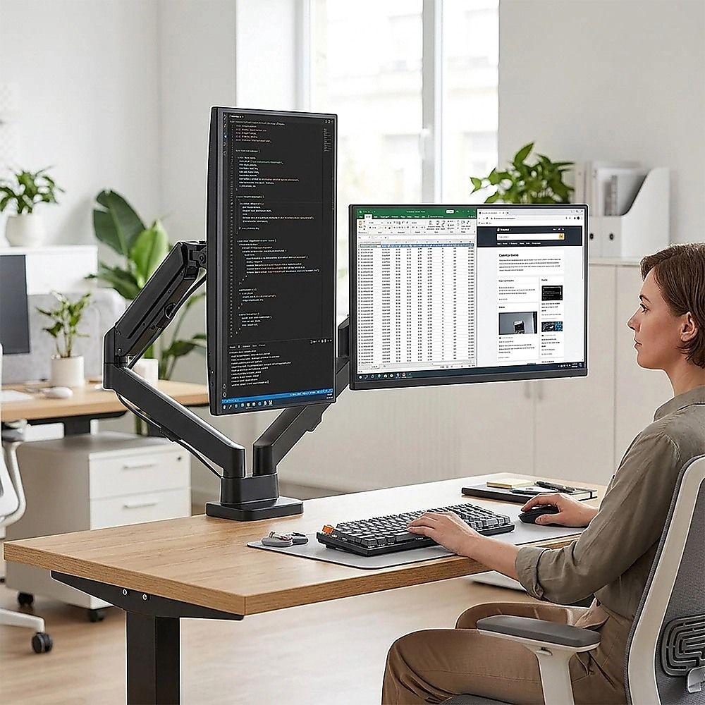 Dual Monitor Arm | Spring Assisted | Full Motion | Fits 17–32" Screens | Cable Management